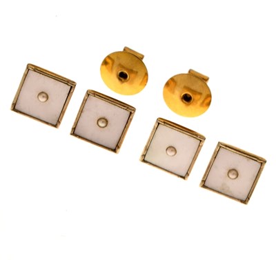 Lot 79 - Set of four mother-of-pearl and seed pearl square buttons, and a pair of shirt studs