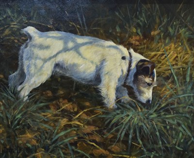 Lot 646 - Donna Crawshaw (British, b.1960) - Oil on board - Terrier at play