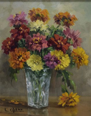 Lot 647 - Lucien Chenu (French, 1913-2004) - Oil on canvas - Still life of chrysanthemums