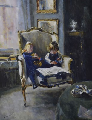 Lot 452 - Bruce Yardley (British, b.1962) - Oil on canvas - Children sharing an antique chair