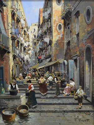 Lot 648 - Francesco Vassetti (Italian, b.1936) - Oil on board - Naples Back Streets