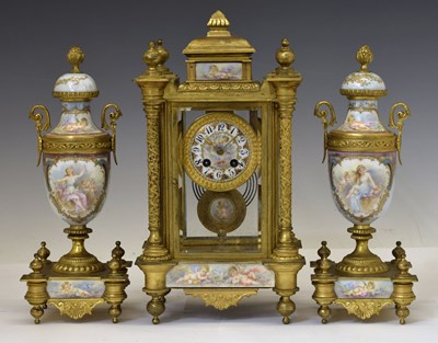Lot 490 - Good late 19th century French porcelain, gilt brass and ormolu three-piece clock garniture