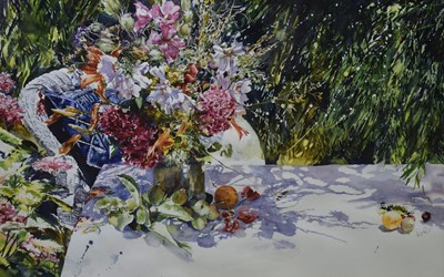 Lot 626 - Annette Kane (b.1955) - Watercolour - Flowers still life in the garden