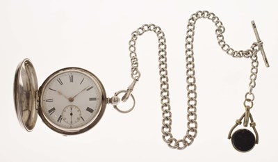 Lot 125 - Late Victorian silver full hunter pocket watch with silver Albert chain