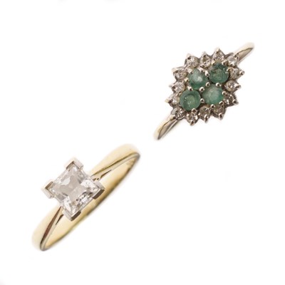 Lot 21 - Emerald and diamond cluster 9ct gold ring, and a princess cut cubic zirconia solitaire 14ct gold ring