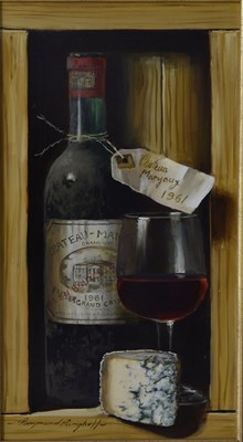 Lot 450 - Raymond Campbell (b.1956) - Oil on board - 'Fine Wine and Cheese'