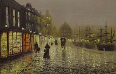 Lot 682 - John Bampfield (b. 1947) - Oil on canvas - Quayside scene in the manner of John Atkinson Grimshaw