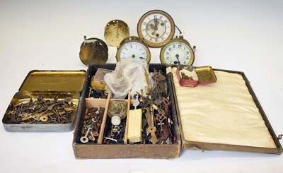 Lot 730 - Five assorted French mantel clock movements, box of spare hands etc
