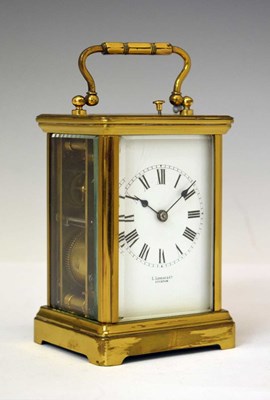 Lot 731 - French brass repeater carriage clock, retailed by Landau of Lucknow