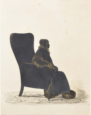 Lot 552 - R. Stubbs (19th century) - Ink heightened with gold - Silhouette of a lady in an armchair