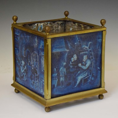 Lot 482 - Victorian brass jardinière inset four Minton Hollins & Co blue glazed pottery tiles