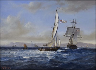 Lot 572 - Robert Moore (b.1945) - Oil on board - Marine scene, Naval sloop from Pembroke Dock