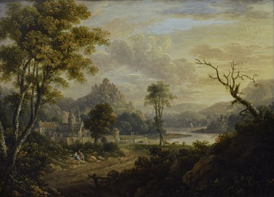 Lot 393 - Attributed to J. T. Young, (fl.1811-1824) - Oil on board - Continental landscape with castle