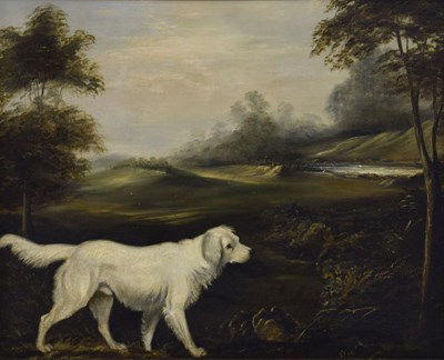 Lot 397 - Follower of Abraham Cooper (1787-1868) - Oil on board - White English Setter dog in a landscape