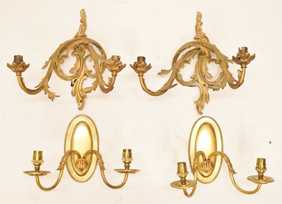 Lot 377 - Pair of mid 20th century gilt metal two-branch wall lights, etc