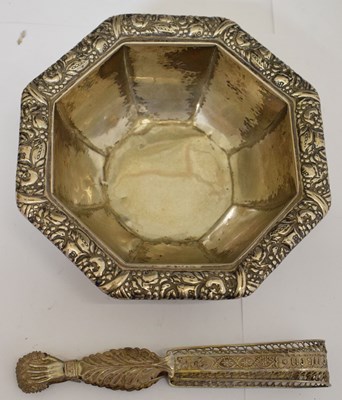 Lot 294 - Early 20th century German white-metal octagonal bowl and a pair of sugar tongs