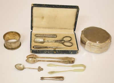 Lot 295 - German white-metal box, napkin ring, silver sugar tongs, etc