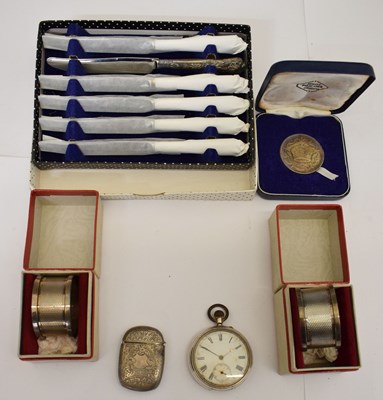 Lot 270 - Pair Elizabeth II silver napkin rings, together with a Duke of Windsor John Pinches medallion, etc