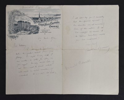 Lot 284 - Arnold Bennett (1867-1931) - Signed letter from 'Grand Hotel Californie, Cannes'