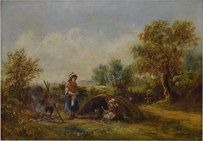 Lot 550 - Henry Harris (1852-1926) - Oil on canvas - Rural landscape with figures by a fire