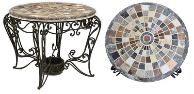 Lot 527 - Italian green painted wrought metal table with inlaid specimen marble top