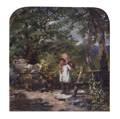 Lot 398 - James Curnock (1812-1870) - Oil on board - Two children in a woodland clearing