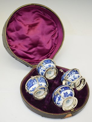 Lot 476 - Set of four Victorian Royal Worcester blue printed salts with plated stands