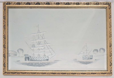 Lot 590 - Modern etched maritime theme wall mirror in gilt frame