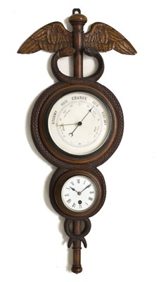 Lot 486 - RAMC / Medical Interest - Early 20th century carved oak combination aneroid barometer and clock