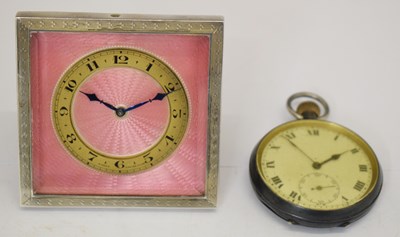 Lot 265 - George V Art Deco silver and pink guilloche enamel desk clock, and a silver open face pocket watch