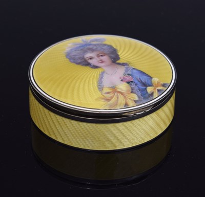 Lot 227 - Continental 935 standard silver gilt and enamel circular box with portrait of a lady