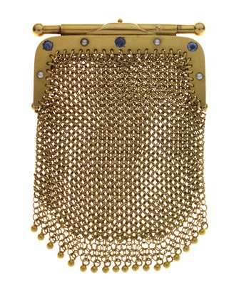Lot 222 - Yellow metal (15c), sapphire and seed pearl mounted mesh evening purse