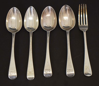 Lot 275 - Four Georgian Old English pattern spoons plus a later fork