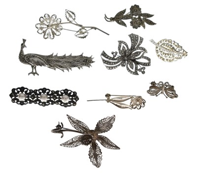 Lot 159 - Group of nine filigree and marcasite brooches