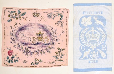Lot 383 - Oliver Messel for Jacqmar - Elizabeth II Coronation silk scarf plus George VI towel