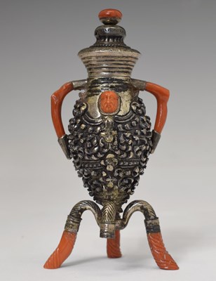Lot 357 - Antique coral mounted white metal snuff or scent bottle, possibly Mongolian