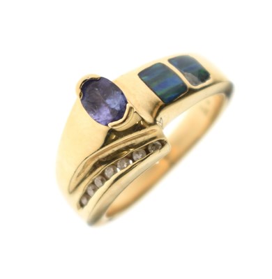 Lot 118 - Tanzanite, black opal and diamond dress ring, stamped '14K'