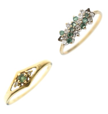 Lot 127 - Emerald and diamond 18ct gold dress ring and an emerald and diamond 9ct gold cluster ring