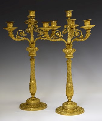Lot 263 - Pair of 19th century gilt metal three-branch five-light candelabra