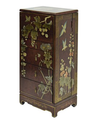 Lot 74 - Japanese style painted red lacquer floor standing jewellery cabinet