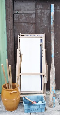 Lot 644 - Two vintage folding deck chairs, a vintage oar, and a croquet set