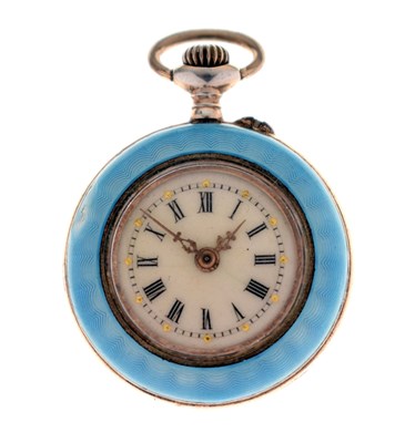 Lot 249 - Early 20th century white metal and blue guilloché enamel fob watch
