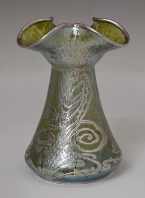 Lot 460 - Loetz - Iridescent green glass and silver overlay Crete Papillon vase