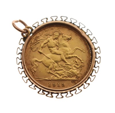Lot 299 - George V gold half sovereign 1913, in an unmarked yellow metal mount