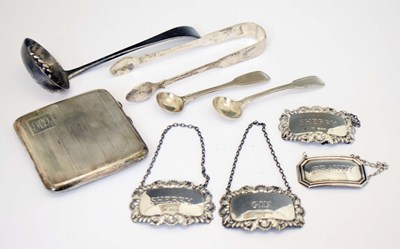 Lot 269 - Quantity of silver to include cigarette case, tongs, wine labels, etc