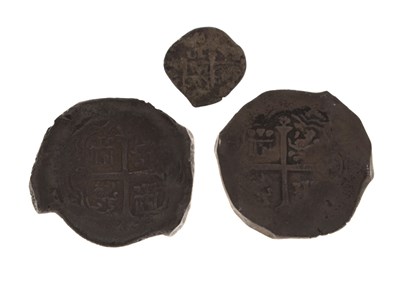 Lot 213 - Two pieces of eight or eight reales coins from the 'Lucayan Beach Pirate Treasure 1628', etc