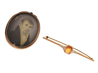 Lot 146 - Early 20th century orange stone bar brooch and a portrait miniature