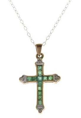 Lot 176 - Emerald and diamond 9ct gold cross pendant necklace