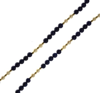 Lot 191 - Lapis lazuli, cultured pearl and yellow metal beaded necklace