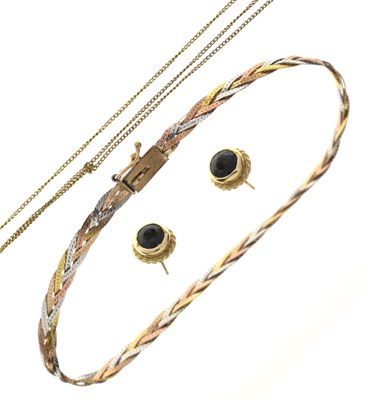Lot 225 - Pair of sapphire 9ct gold stud earrings, a 9ct tri-colour gold bracelet, etc